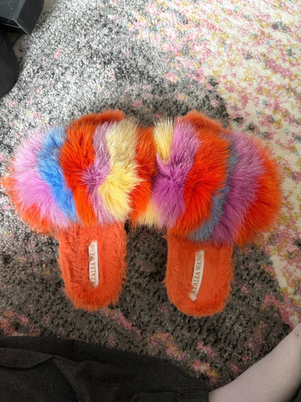 Multicolor Fuzzy Slide Slippers - Bright Orange Base